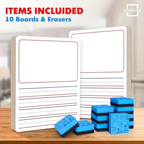 10 Pack Double Sided 9”x12” Story Lined Dry Erase Whiteboards + Erasers