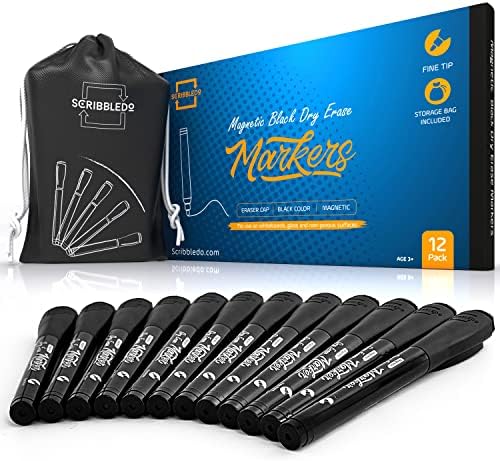 12 Pack Magnetic Dry Erase Markers Black Fine Tip with Eraser Cap