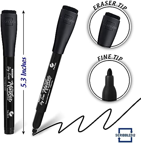 Magnetic Fine Tip Low Odor Black Dry Erase Markers, Eraser Cap (4 Pack)