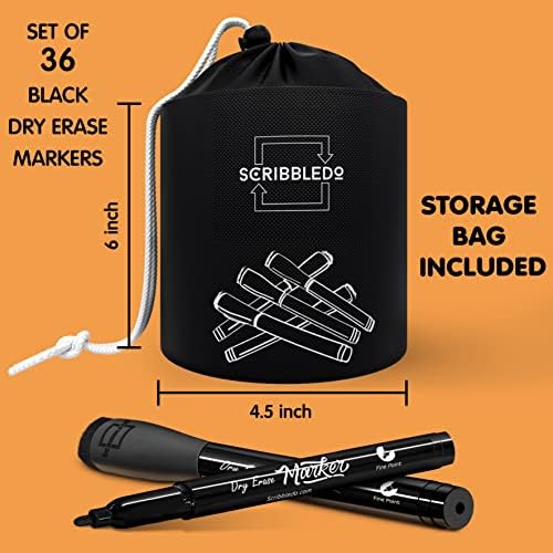 36 Pack Dry Erase Markers Black Fine Tip with Eraser Cap