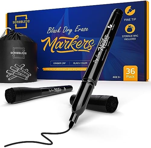 36 Pack Dry Erase Markers Black Fine Tip with Eraser Cap