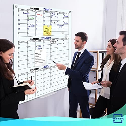 Glass Whiteboard Calendar 34x46 Quarterly Planner 3 Month & Marker Tray