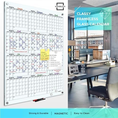 Black Magnetic 34”x46” Glass Whiteboard Yearly Calendar