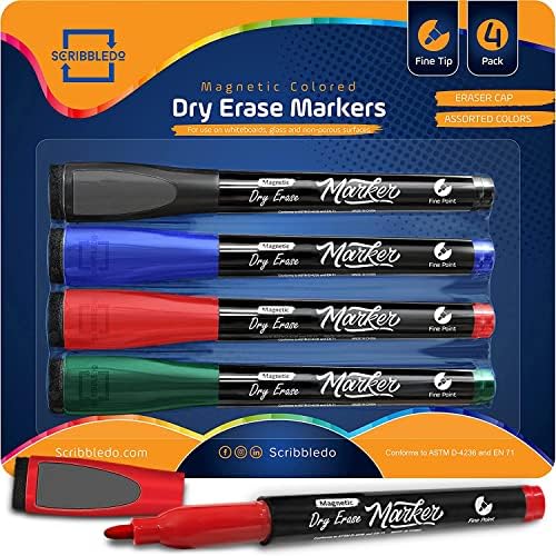 4 Magnetic Dry Erase Markers Fine Tip Assorted Colors with Eraser Cap