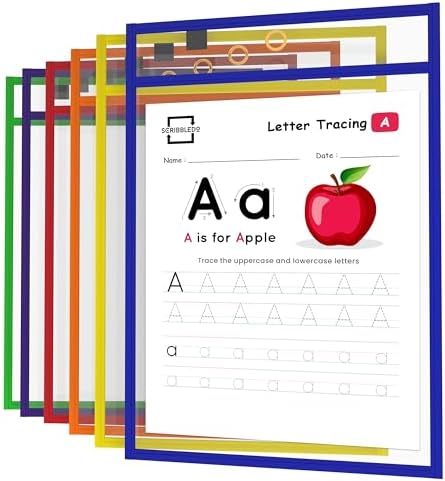 Reusable Dry Erase Sleeves, 6 Pack with Marker Holder, Assorted Colors