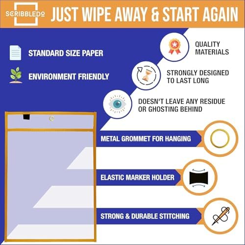 Reusable Dry Erase Pockets with Marker Holder, Assorted Colors (50 Pack)