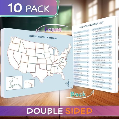 11”x14” Reusable Dry Erase USA Map Sheets, 10 Pack