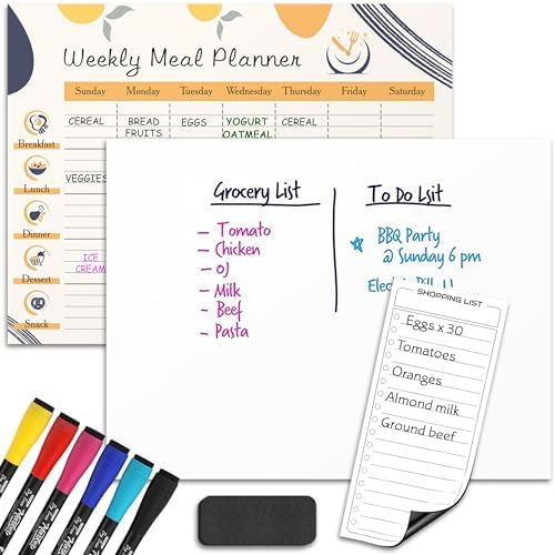 Weekly Meal Planner Dry Erase Magnetic 13"x17" with 6 Markers