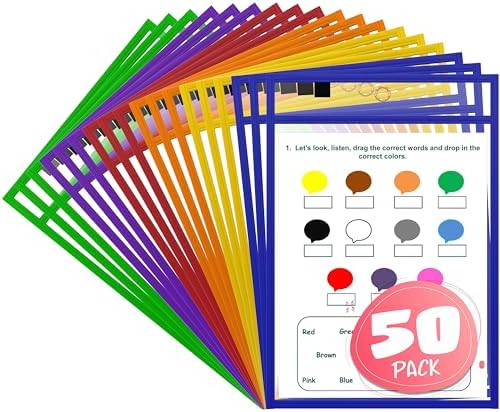 Reusable Dry Erase Pockets with Marker Holder, Assorted Colors (50 Pack)