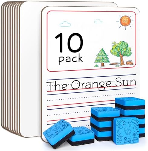10 Pack Double Sided 9”x12” Story Lined Dry Erase Whiteboards + Erasers