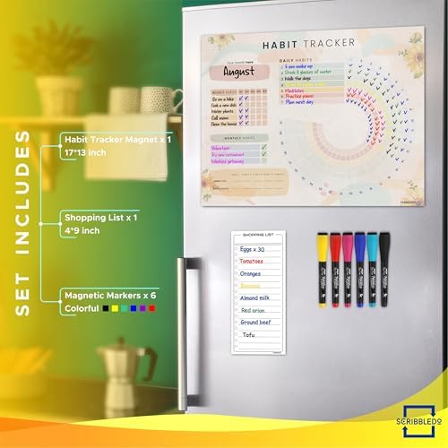 Dry Erase Habit & Goal Tracker Fridge Calendar 13x17" Magnet 6 Markers