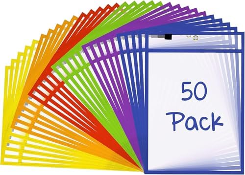 Reusable Dry Erase Pockets with Marker Holder, Assorted Colors (50 Pack)