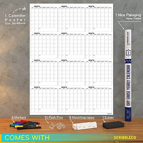 36"x48" Yearly Monthly Dry Erase Wall Calendar