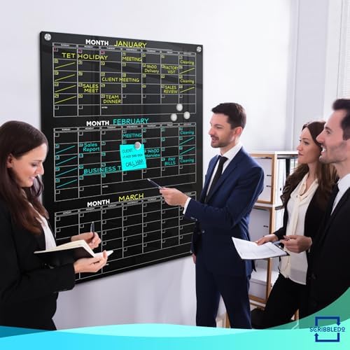 Black Glass Whiteboard Quarterly Planner 34x46" with Marker Tray