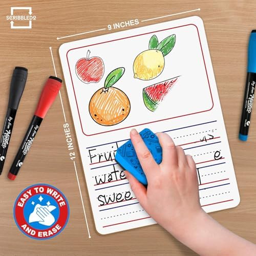 10 Pack Double Sided 9”x12” Story Lined Dry Erase Whiteboards + Erasers
