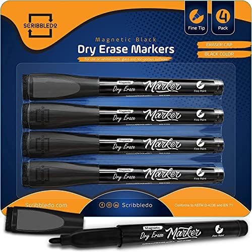 Magnetic Fine Tip Low Odor Black Dry Erase Markers, Eraser Cap (4 Pack)