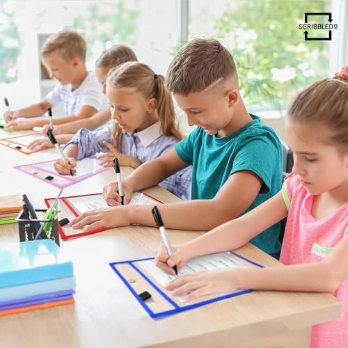 Reusable Dry Erase Pockets with Marker Holder, Assorted Colors (50 Pack)