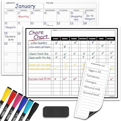Magnetic Dry Erase Chore Chart Calendar 13x17 (6 Markers Included)