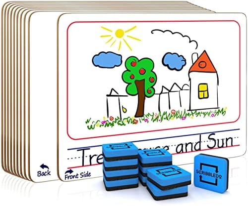 10 Pack Double Sided 9”x12” Story Lined Dry Erase Boards + Erasers
