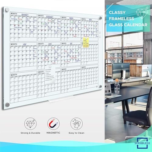 Black Magnetic 34”x46” Glass Whiteboard Yearly Calendar