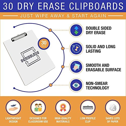 Double Sided Dry Erase Clipboards 9"x12" with 30 Erasers (30 Pack)