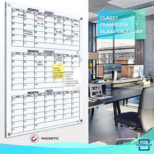 Glass Whiteboard Calendar 34x46 Quarterly Planner 3 Month & Marker Tray