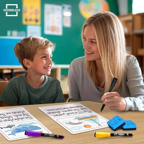 10 Pack Double Sided 9”x12” Story Lined Dry Erase Whiteboards + Erasers