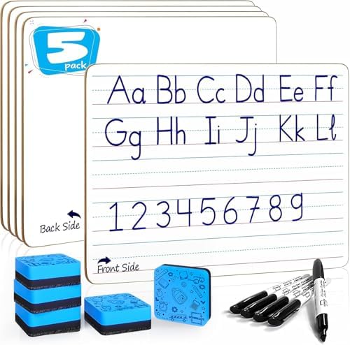 5 Pack Double Sided Lined Dry Erase Boards with Markers and Erasers, 9x12