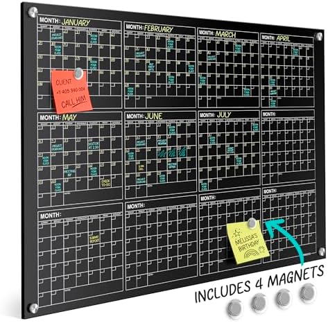 Magnetic 34”x46” Glass Whiteboard Yearly Dry Erase Calendar Planner