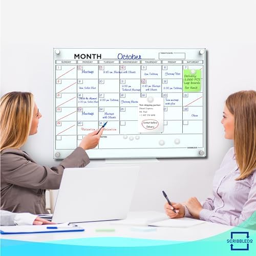 Magnetic 18"x24" Glass Whiteboard Calendar with Marker Tray