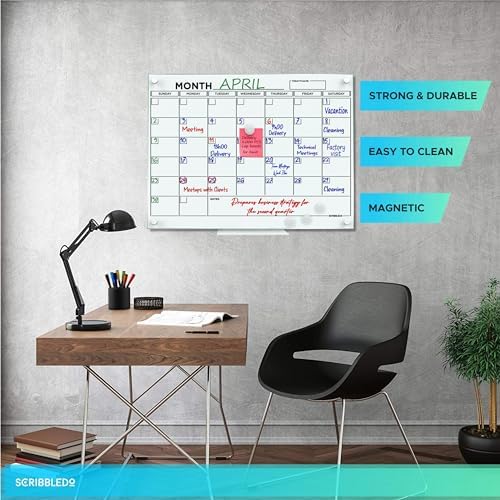 Magnetic 18"x24" Glass Whiteboard Calendar with Marker Tray