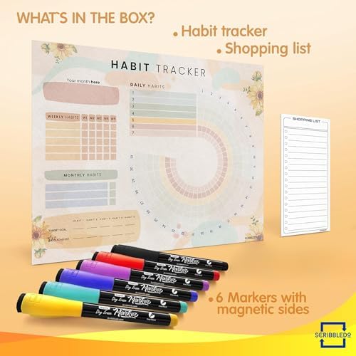 Dry Erase Habit & Goal Tracker Fridge Calendar 13x17" Magnet 6 Markers