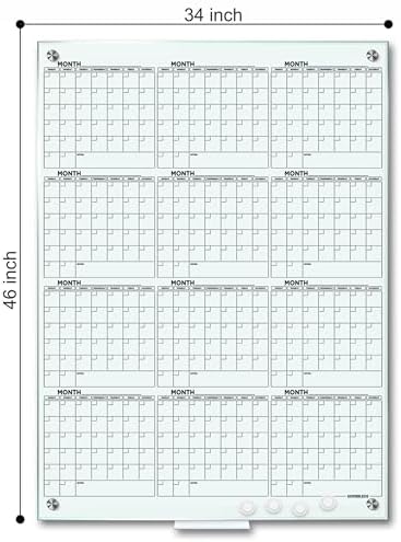 34"x46" 12 Month Dry Erase Glass Whiteboard Calendar