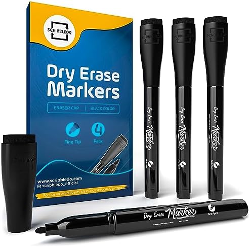 Dry Erase Markers Fine Tip Black with Eraser Cap (4 Pack)