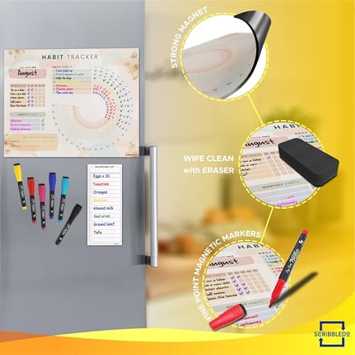 Dry Erase Habit & Goal Tracker Fridge Calendar 13x17" Magnet 6 Markers