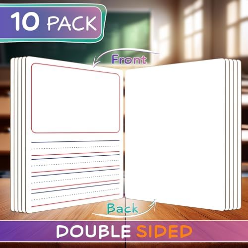 10 Pack Double Sided 9”x12” Story Lined Dry Erase Whiteboards + Erasers
