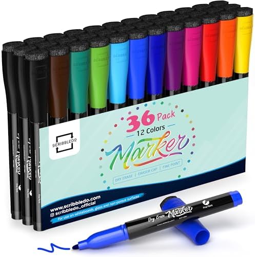 Dry Erase Markers Fine Tip Assorted Classic Colors Eraser Cap Thin Low Odor (36 Pack)