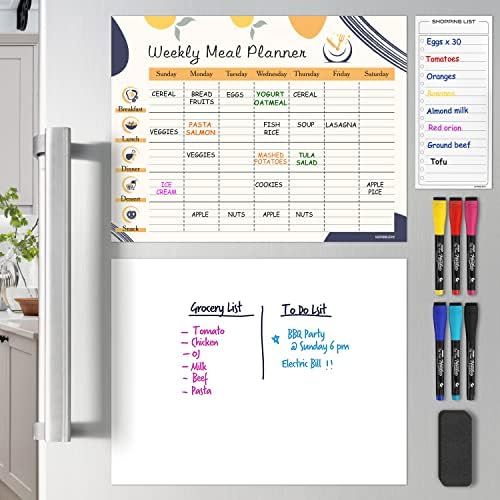 Weekly Meal Planner Dry Erase Magnetic 13"x17" with 6 Markers