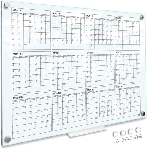 Magnetic 34”x46” Glass Whiteboard Yearly Dry Erase Calendar Planner