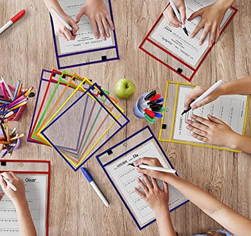 Reusable Dry Erase Sleeves, 6 Pack with Marker Holder, Assorted Colors