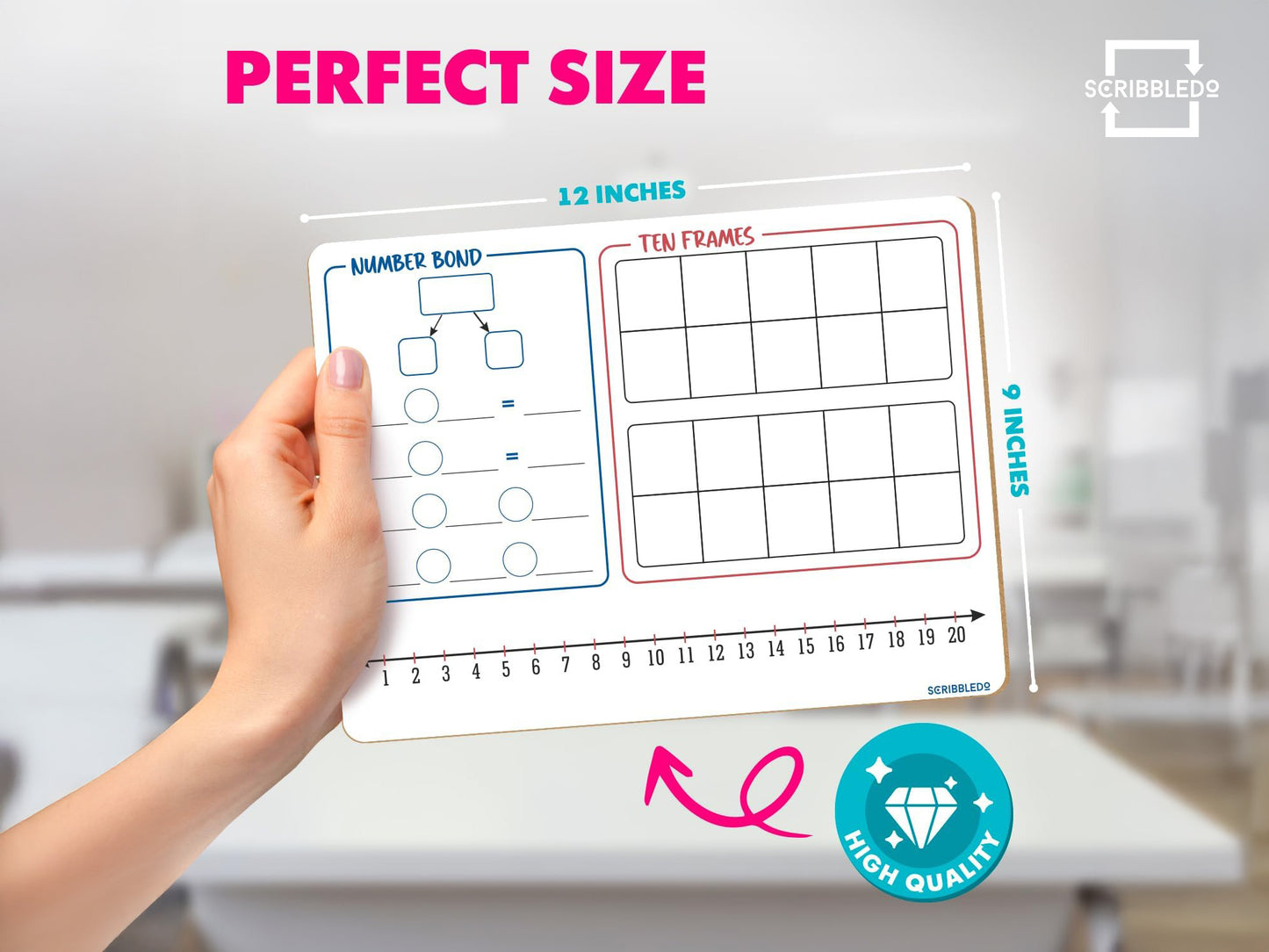 Number Bond, Ten Frame, Number Line & 1–120 Chart Dry Erase Board – 9x12