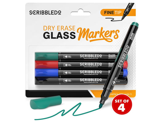 Glass Board Dry Erase Markers, 4 Color Fine Tip Set for Glass Whiteboards, Mirrors and Windows