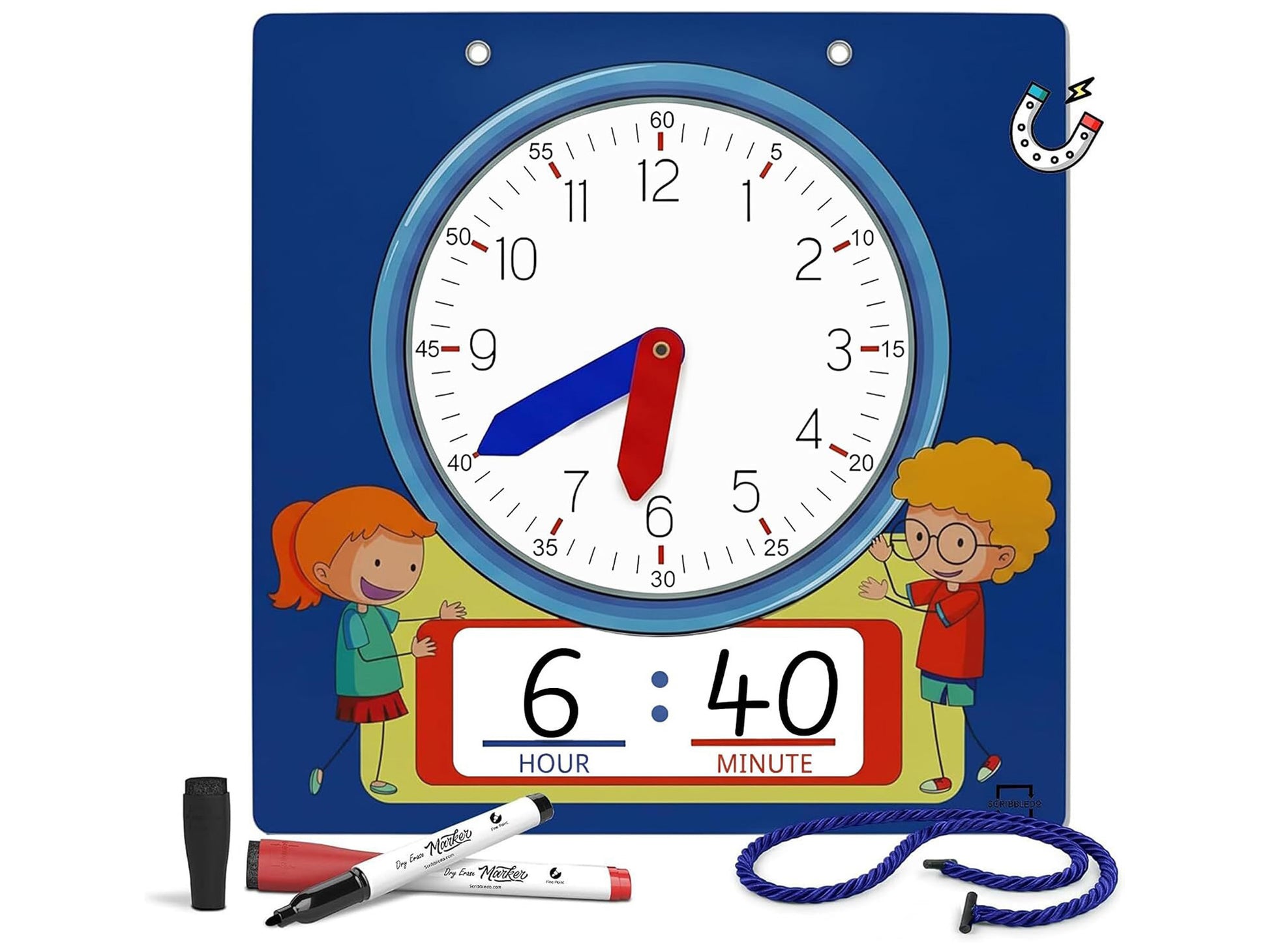 Writable Dry Erase Learning Clock - 2 Markers Included