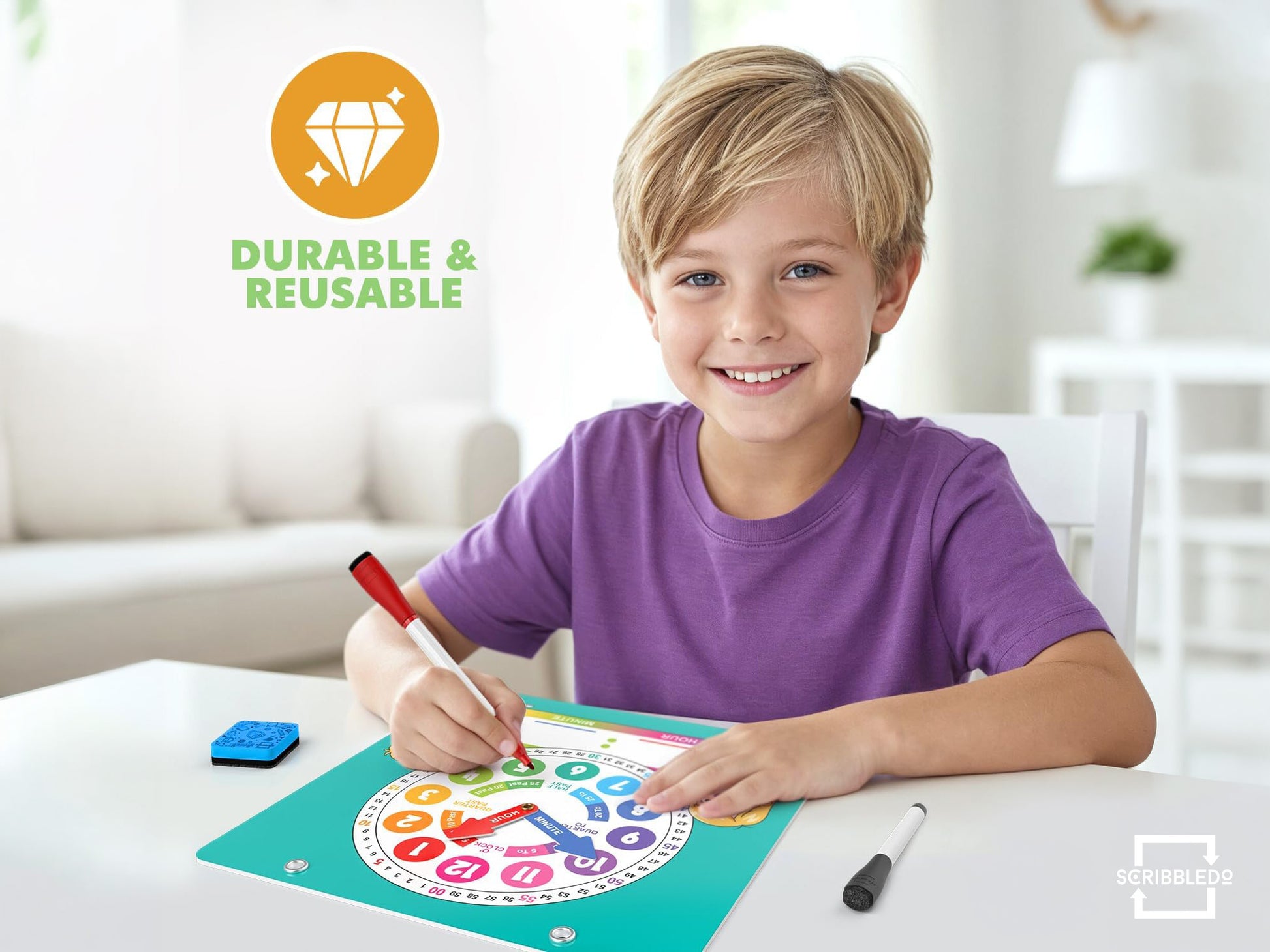 Interactive Dry Erase Teaching Clock - 2 Markers Included