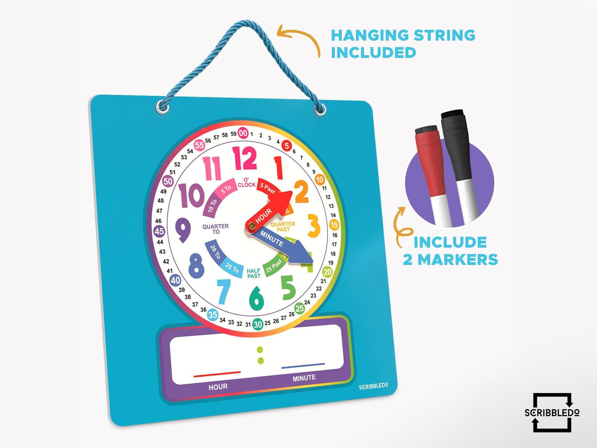 Rainbow Dry Erase Teaching Clock - 2 Markers Included