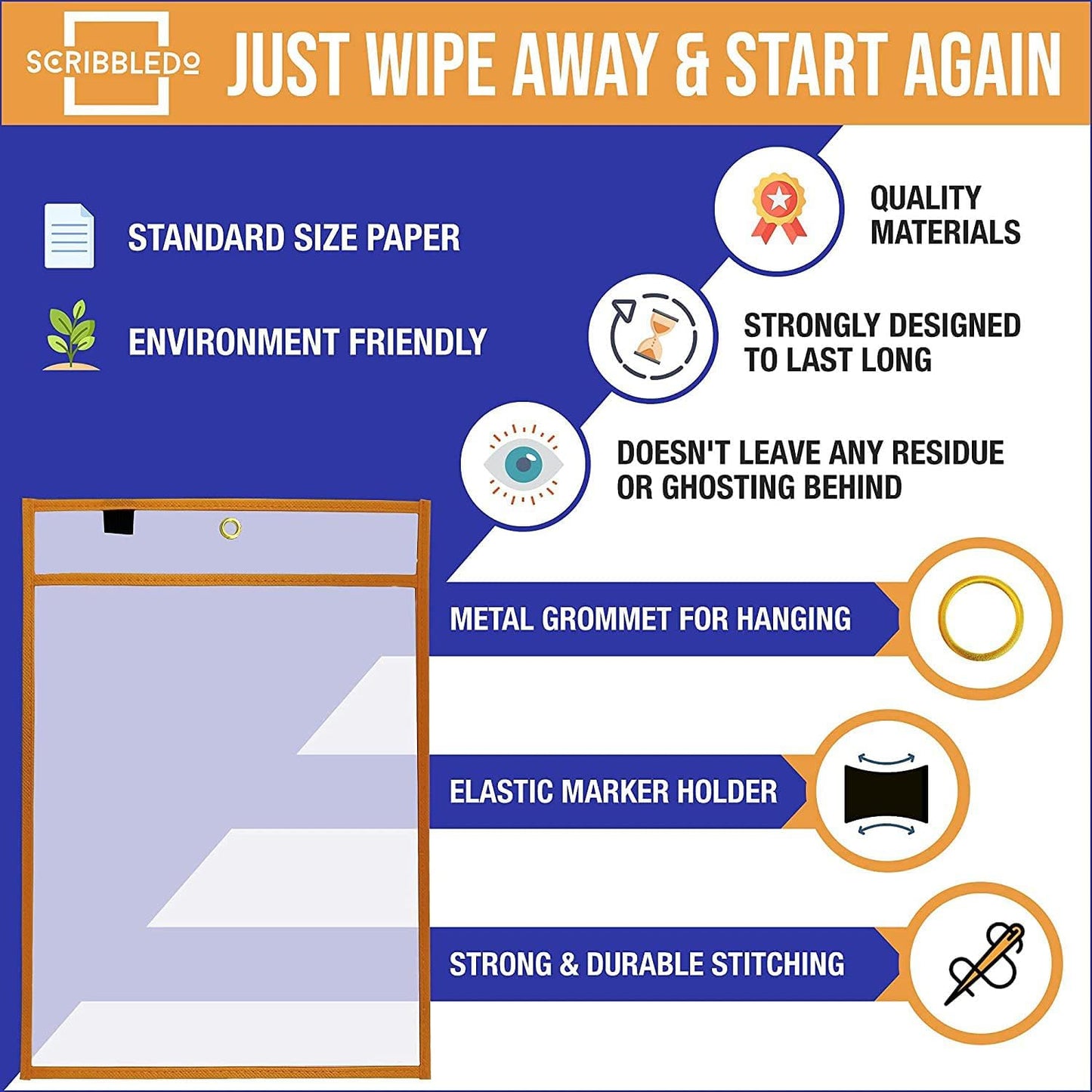 Reusable Dry Erase Sleeves, 6 Pack with Marker Holder, Boho Color