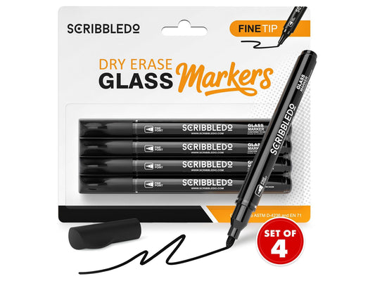 Glass Board Dry Erase Markers, 4 Pack Black Fine Tip for Glass Whiteboards, Mirrors and Windows