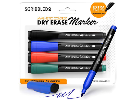 Extra Fine Tip Dry Erase Markers 4 Pack Assorted Colors, Magnetic Cap and Eraser Tip