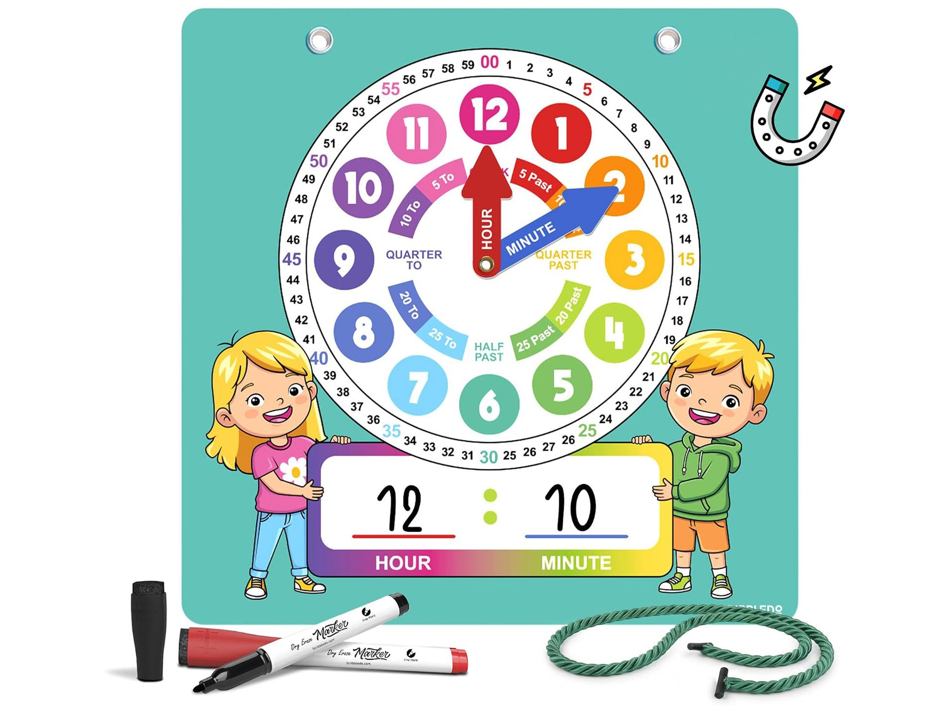 Interactive Dry Erase Teaching Clock - 2 Markers Included