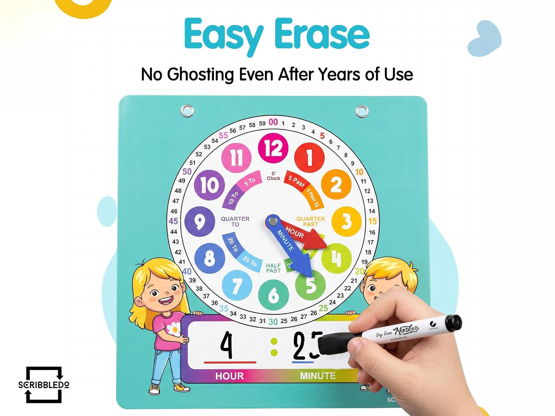 Interactive Dry Erase Teaching Clock - 2 Markers Included